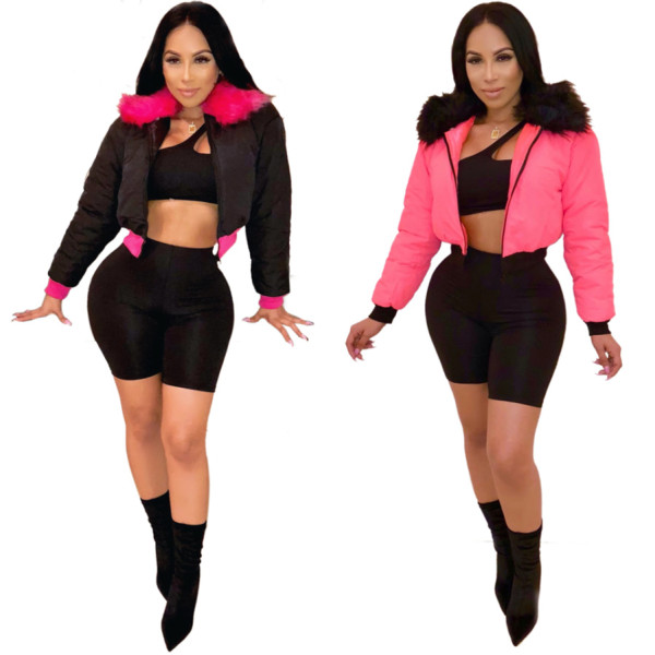 Women Velvet Black/Pink Thicken Winter Short Coat QZ4543