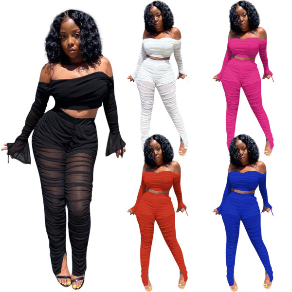 Sexy Solid Color Mesh Perspective Off Shoulder Long Sleeves Cropped Top With Pants Two Piece Set Q10
