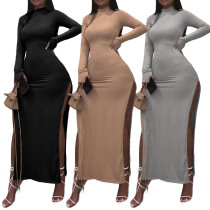Sexy Solid Color Round Neck Long Sleeves Split Long Dresses ALS6296
