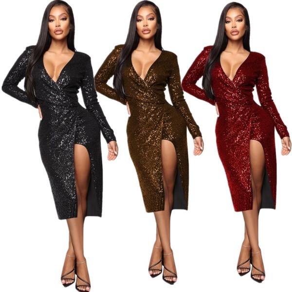 Glitter Club Sequins Sexy V Collar Split Dress With Linning YMT6114