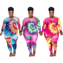 Casual Tie Dye Printed Long Sleeves T-Shirt With Trousers Plus Size Two Piece Set ONY5056