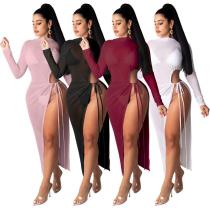 Sexy Mesh Perspective Round Neck Long Sleeves Split Lace-Up Midi Dress FM71