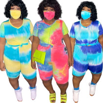Casual Coloring Printed V-Neck T-Shirt With Shorts Plus Size Two Piece Set With Mask AJ4206