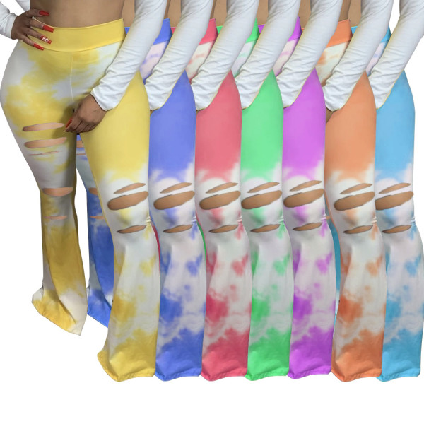 Tie-dyed stretch pierced skinny casual-effect flared pants LA3213