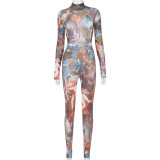 Fashion Printed Round Neck Long Sleeves Top With Trousers Bodycon Two Piece Sets A20534S