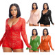 Sexy Deep V-neck Lace Hollow Long Sleeve Button One-Piece Shorts Jumpsuit Women H1637