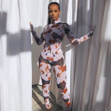 Sexy Perspective Printed High Collar Long Sleeves Bodysuit With Trousers Two Piece Sets S0A3491A
