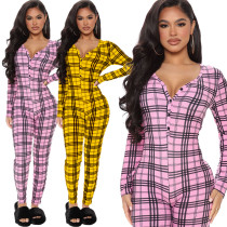 Fashion Plaid Button V-Neck Long Sleeves Jumpsuit YH5202
