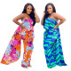 Womens summer colorful print wrap-chest cloak wide-leg jumpsuit RM8924