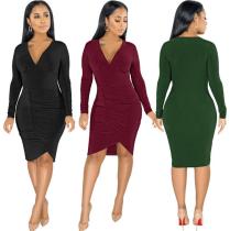 Sexy Solid Color V-Neck Long Sleeves Pleated Mini Dress WMZ2597