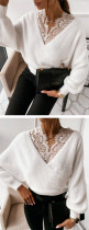 Sexy Solid Color V-Neck Long Sleeves Lace Mini Sweater ZC3900