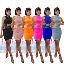 Fashion Round Neck Sleeveless Irregular Top With Mini Skirt Two Pieces Sets  M2077