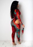 Sexy Printed Hollow Out Zipper V-Neck Long Sleeves Skinny Jumpsuit TH3572