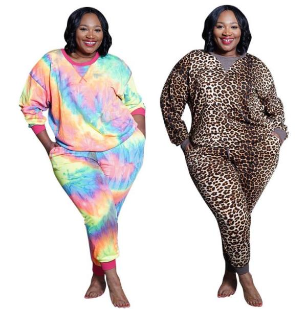 Casual Tie Dye Printed Round Neck Long Sleeves Top With Trousers Plus Size Two Piece Sets OSS20971
