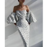 Sexy Printed Off Shoulder Short Puff Sleeves Backless Midi Dress TH9384