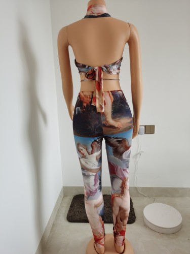 2021 summer new style sleeveless strap sexy hollow positioning printing suit  FF1089