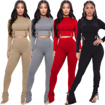 Sexy Solid Color Round Neck Long Sleeves Pleated Drawstring Mini Top With Split Trousers Two Piece S