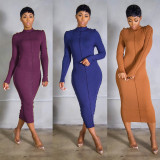 Fashion Solid Color Stitching Round Neck Long Sleeves Midi Dress YF8147