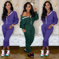 Pure color Womens fashion two-piece hooded zipper suit YFS3597