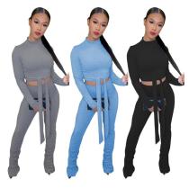 Fashion Solid Color High Collar Long Sleeves Lace-Up Mini Top With Stack Trousers Two Piece Sets N92