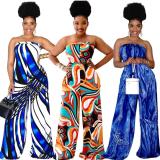 Womens tube top open back printed jumpsuit wide leg pants YIY1297