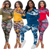 Fashion Camouflage Printed Zipper Long Sleeves Top With Trousers Plus Size Two Piece Sets OSS20895