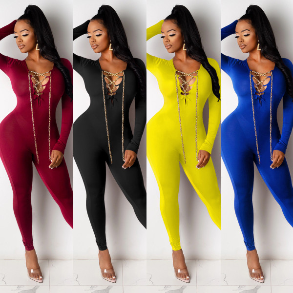 Sexy Solid Color V-Neck Chain Cross Tie Long Sleeves Skinny Jumpsuit XZ3698