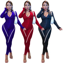 Fashion Contrast Zipper V-Neck Long Sleeves Skinny Jumpsuit W8345