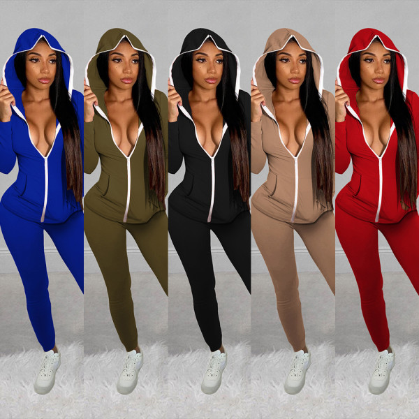Sports Solid Color Zipper Long Sleeves Hooded Cardigan With Trousers Two Piece Sets YM152
