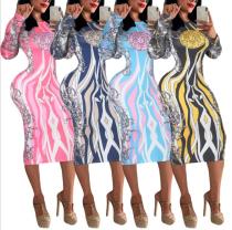 Fashion Printed Round Neck Long Sleeves Midi Dress FM07