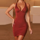 Sexy Solid Color V-Neck Sleeveless Backless Pleated Mini Bodycon Dress ZY1716