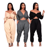 Fashion V-Neck Long Sleeves Cropped Top With Wide Leg Pants Two Pieces Sets T282