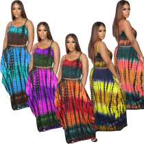 Ladies Fashion Summer Tie-Dye Printed Loose Sling Skirt Set (with pockets) TK6170