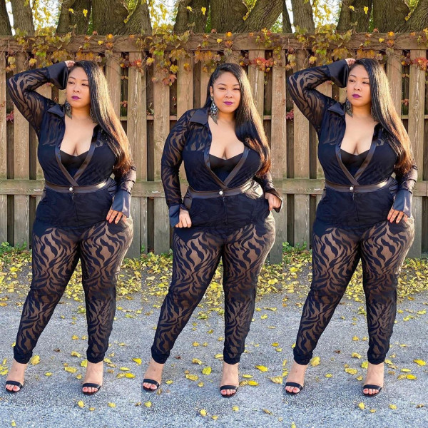 Sexy Mesh Perspective Long Sleeves Bodysuit With Trousers Plus Size Two Piece Sets SJ5271