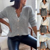 Sweet Solid Color Button V-Neck Long Sleeves Lace Knitted Sweater ZC3860