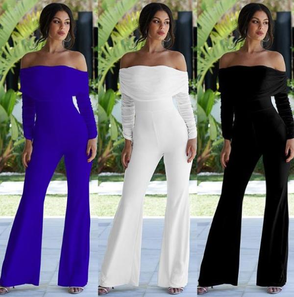 Solid color pleated one-shoulder flared jumpsuit dinner NS4405
