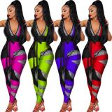 Womens Digital Positioning Printed V-neck Bow Sleeveless Sexy Jumpsuit SZ8025