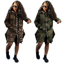 Fashion Camouflage Leopard Printed Hooded Drawstring Long Coat SQ921