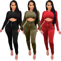 Fashion Solid Color Long Sleeves Hooded Cropped Sweater With High Waist Trousers Two Pieces Sets  A5