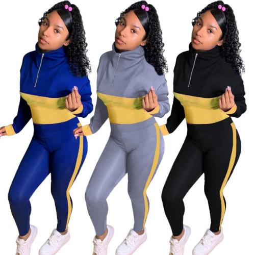 Sports Contrast Zipper High Collar Long Sleeves Mini Top With Trousers Two Piece Sets LM8200