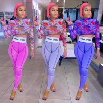 Fashion Pattern Printed Round Neck Long Sleeves Cropped Top Wit Trousers Two Piece Sets TK6136