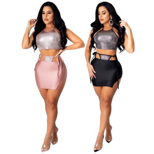 Sexy Sequins Suspenders Backless Cropped Top With Hollow Out Mini Skirt Two Piece Sets YFS8796