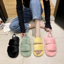 Colorful Heel Strap Soft Plush Thick Soled Fur Slippers Plus Size Shoes HWJ321