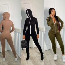 Fashion Solid Color Zipper Long Sleeves Hooded Skinny Jumpsuit K20Q09585