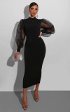 Fashion Solid Color Rould Neck Mesh Ruff Sleeves Midi Skinny Dress YS211-2