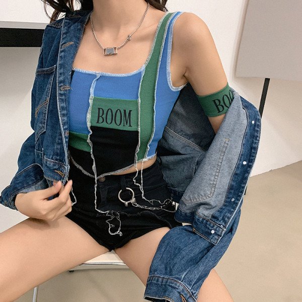 Sexy Contrast Stitching Letters Embroidery Sleeveless Mini Vest K20L0003