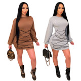 Fashion Solid Color Round Neck Long Sleeves Lace-Up Mini Dress ED8325