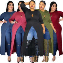 Plus Size Solid Color Round Neck Long Sleeves Hollow Out Split Midi Top GL7008