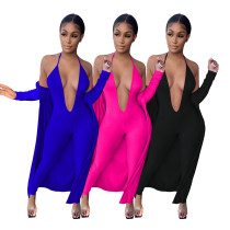 Sexy Knitting Suspenders Backless Hollow Out Jumpsuit With Midi Coat Two Pieces Sets BS1244-02