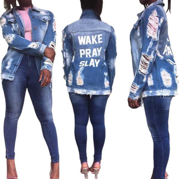 Fashion Letter Printed Hole Long Sleeves Loose Denim Jacket SMR9853